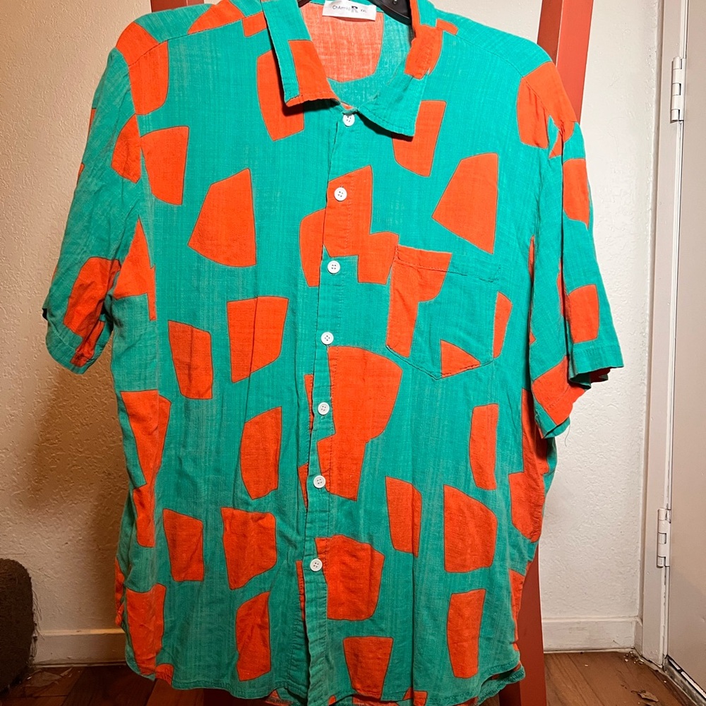 Vibrant Green and Orange Casual Button Down Shirt